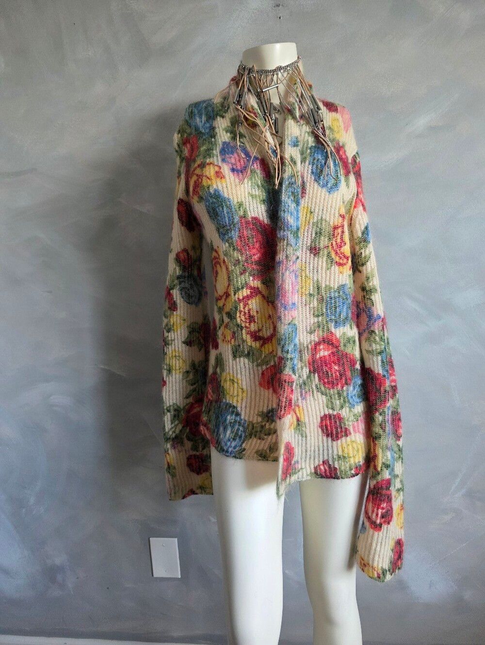 Vtg Lucky Brand Floral Open Front Cardigan Mohair Wool Y2K Cottagecore Sz M
